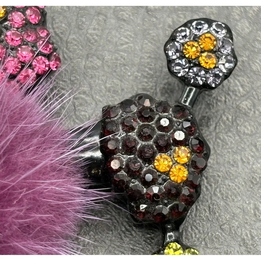 Rhinestone Poodle Dog Pom Pom Brooch Pin Pink Yellow Black Japanned Metal